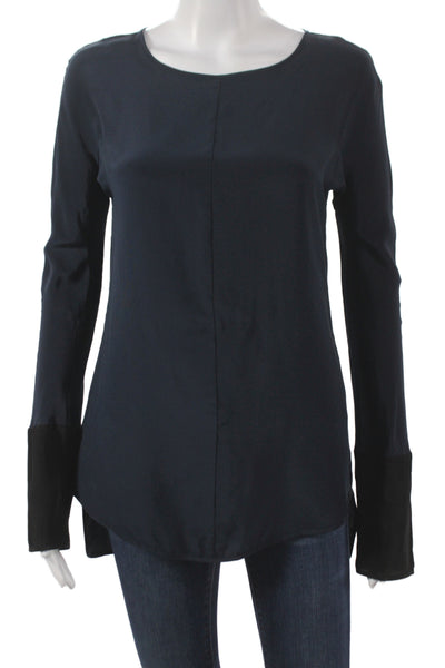 David Lerner Womens Black Silk Basic Blouse Long Sleeve Round Neck Size XS