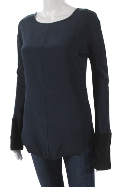 David Lerner Womens Black Silk Basic Blouse Long Sleeve Round Neck Size XS