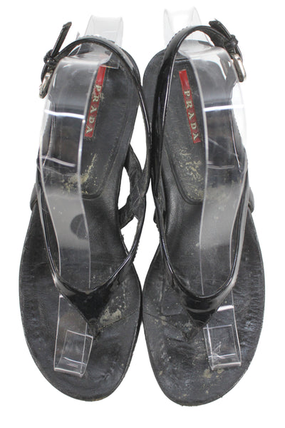 Prada Womens Shiny Leather Wedge Heels Thong Sandals Shoes Black Size 8
