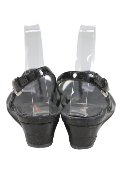 Prada Womens Shiny Leather Wedge Heels Thong Sandals Shoes Black Size 8