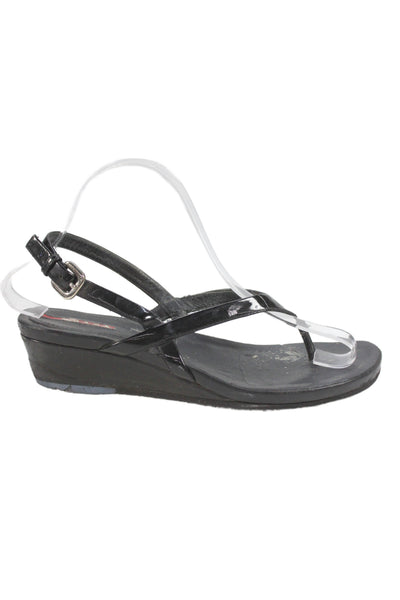 Prada Womens Shiny Leather Wedge Heels Thong Sandals Shoes Black Size 8