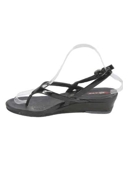 Prada Womens Shiny Leather Wedge Heels Thong Sandals Shoes Black Size 8