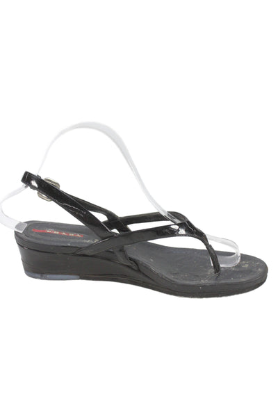 Prada Womens Shiny Leather Wedge Heels Thong Sandals Shoes Black Size 8