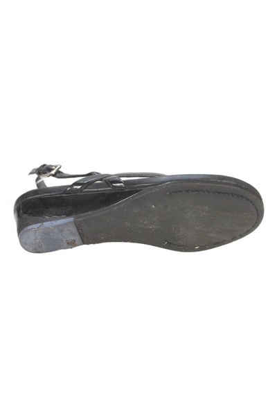 Prada Womens Shiny Leather Wedge Heels Thong Sandals Shoes Black Size 8