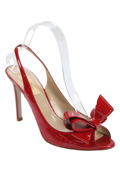 Valentino Garavani Womens Leather Bow Peep Toe Slingback Heels Shoes Red Sz 9.5