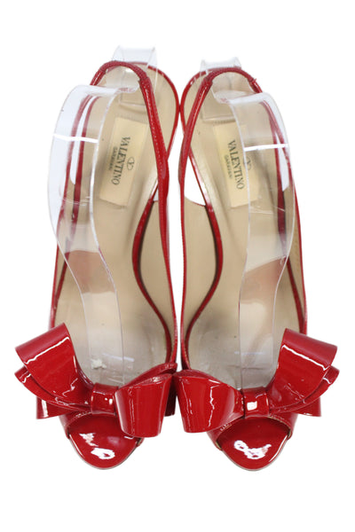 Valentino Garavani Womens Leather Bow Peep Toe Slingback Heels Shoes Red Sz 9.5