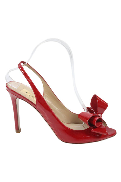 Valentino Garavani Womens Leather Bow Peep Toe Slingback Heels Shoes Red Sz 9.5