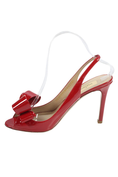 Valentino Garavani Womens Leather Bow Peep Toe Slingback Heels Shoes Red Sz 9.5