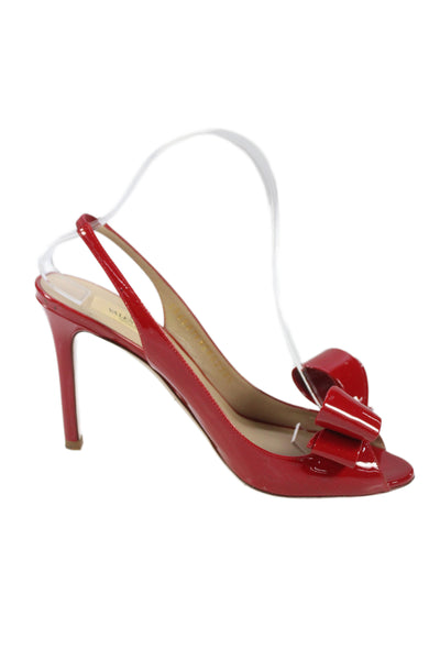 Valentino Garavani Womens Leather Bow Peep Toe Slingback Heels Shoes Red Sz 9.5