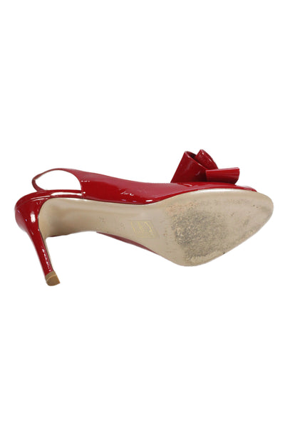 Valentino Garavani Womens Leather Bow Peep Toe Slingback Heels Shoes Red Sz 9.5