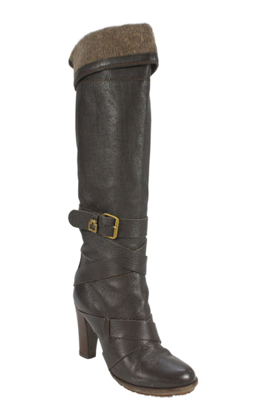 Chloe Womens Folded Detail Crisscross Strap Knee High Boots Shoes Brown Size 8.5