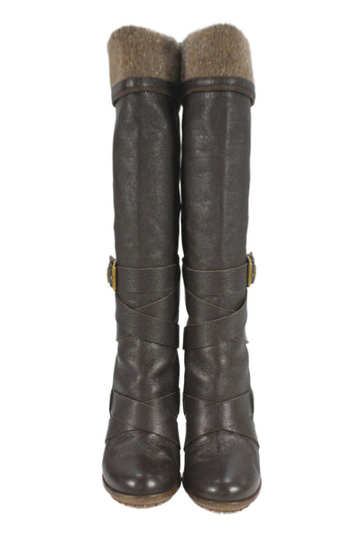Chloe Womens Folded Detail Crisscross Strap Knee High Boots Shoes Brown Size 8.5