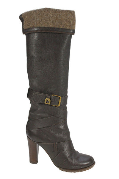 Chloe Womens Folded Detail Crisscross Strap Knee High Boots Shoes Brown Size 8.5
