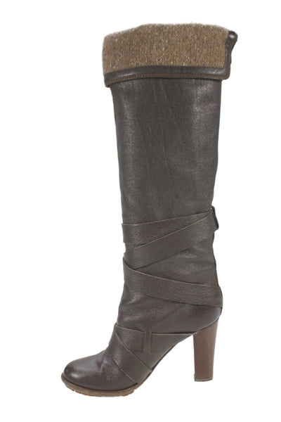 Chloe Womens Folded Detail Crisscross Strap Knee High Boots Shoes Brown Size 8.5