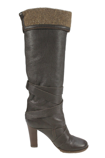 Chloe Womens Folded Detail Crisscross Strap Knee High Boots Shoes Brown Size 8.5