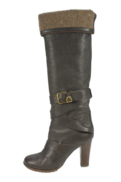 Chloe Womens Folded Detail Crisscross Strap Knee High Boots Shoes Brown Size 8.5