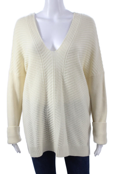 Vince Womens Pullover Sweater Ivory V Neck Herringbone Wool Long Sleeve Size M