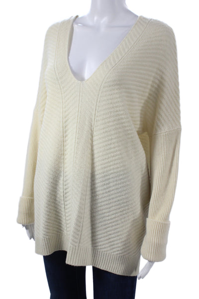 Vince Womens Pullover Sweater Ivory V Neck Herringbone Wool Long Sleeve Size M