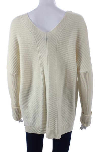 Vince Womens Pullover Sweater Ivory V Neck Herringbone Wool Long Sleeve Size M