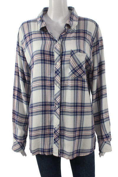 Rails Women Basic Collared Plaid Button-Up Long Sleeve Blue Rayon Size L