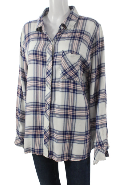 Rails Women Basic Collared Plaid Button-Up Long Sleeve Blue Rayon Size L