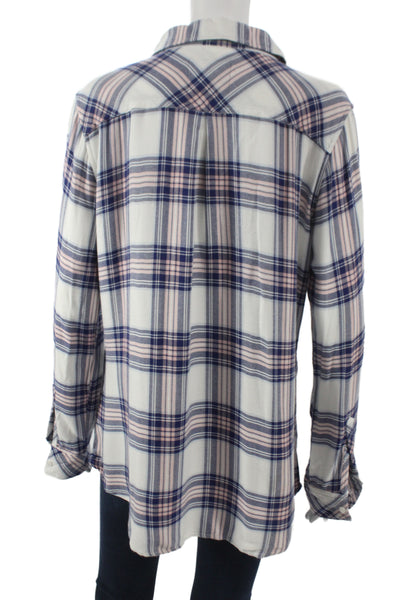Rails Women Basic Collared Plaid Button-Up Long Sleeve Blue Rayon Size L