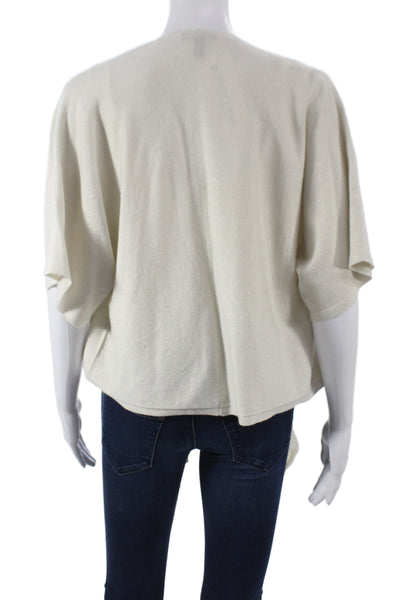 Eileen Fisher Women Ivory V-Neck 3/4 Sleeve Metallic Cardigan 50% Wool Size S