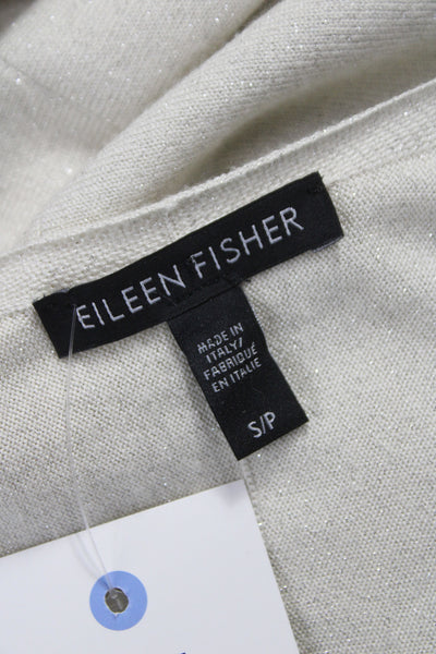 Eileen Fisher Women Ivory V-Neck 3/4 Sleeve Metallic Cardigan 50% Wool Size S