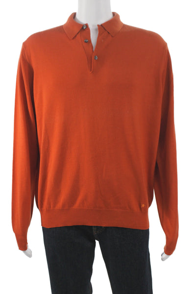 Burberry London Men Orange Polo Sweater Merino Wool Collared Button Size L