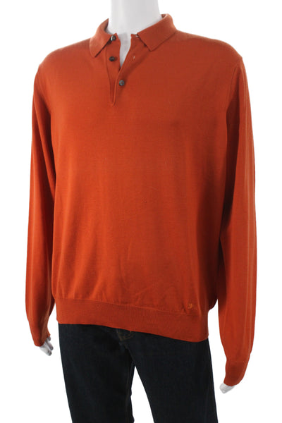 Burberry London Men Orange Polo Sweater Merino Wool Collared Button Size L