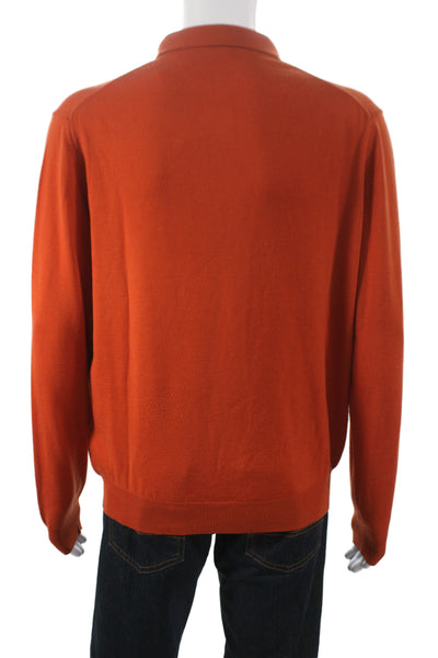 Burberry London Men Orange Polo Sweater Merino Wool Collared Button Size L