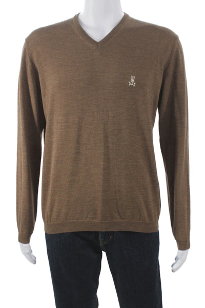 Psycho Bunny Mens Merino V-Neck Pullover Sweater Brown Skull Long Sleeve Size L