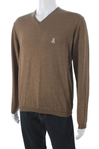 Psycho Bunny Mens Merino V-Neck Pullover Sweater Brown Skull Long Sleeve Size L