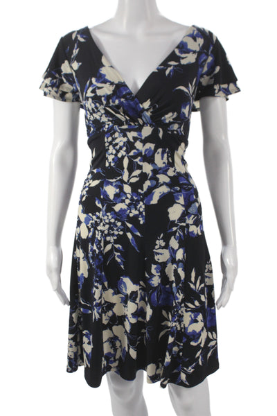 Lauren Ralph Lauren Women Fit & Flare Dress Black Floral V-Neck Size 16P
