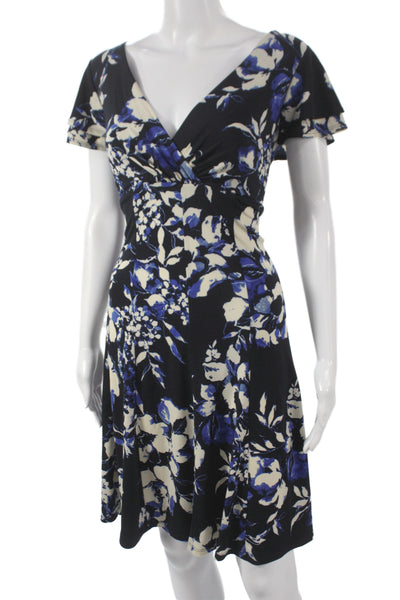 Lauren Ralph Lauren Women Fit & Flare Dress Black Floral V-Neck Size 16P