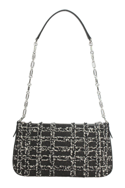 Michael Kors Womens Denim Tweed Zipper Closure Satchel Shoulder Handbag Black