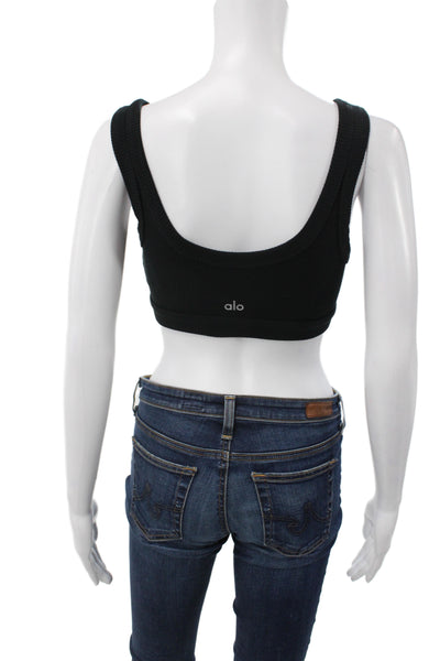 Alo Womens Ribbed Scoop Neck Sleeveless Sports Bra Solid Black Size XS