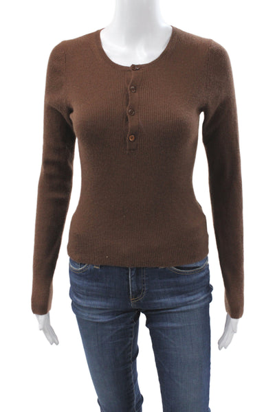 The Tile Club Womens Cashmere Brown Henley Sweater Round Neck Size 2XS