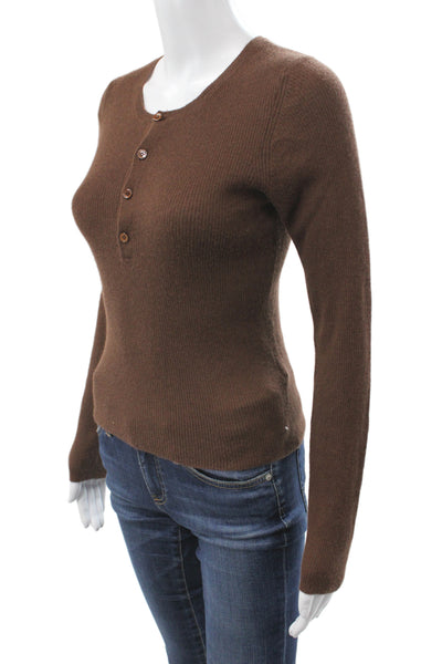 The Tile Club Womens Cashmere Brown Henley Sweater Round Neck Size 2XS