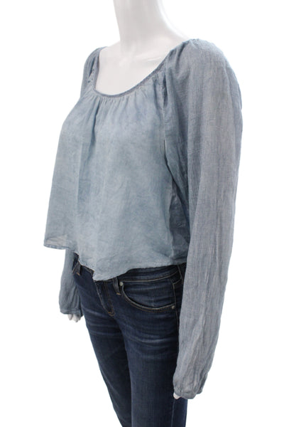 Free People Womens Cropped Boho Scoop Neck Long Sleeve Blue Blouse Size M