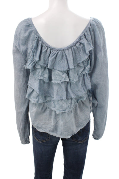 Free People Womens Cropped Boho Scoop Neck Long Sleeve Blue Blouse Size M