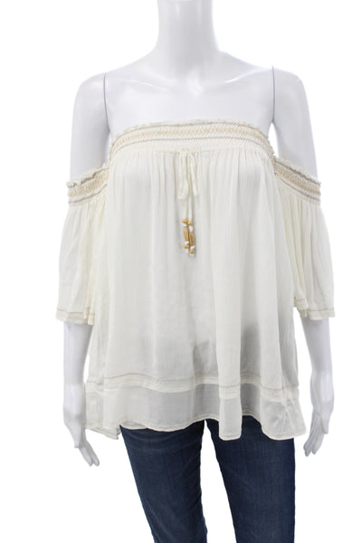 Hale Bob Womens Boho Off Shoulder Tunic Blouse White 3/4 Sleeve Size S
