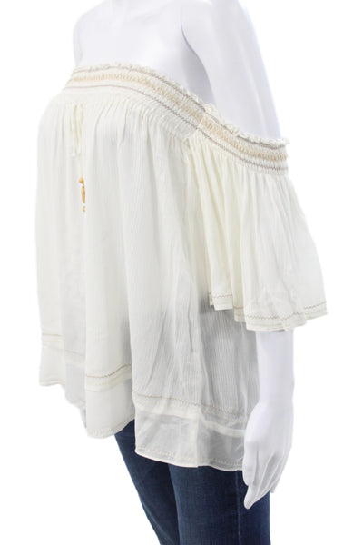 Hale Bob Womens Boho Off Shoulder Tunic Blouse White 3/4 Sleeve Size S