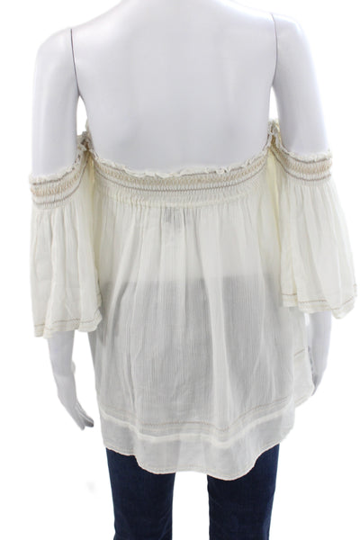 Hale Bob Womens Boho Off Shoulder Tunic Blouse White 3/4 Sleeve Size S