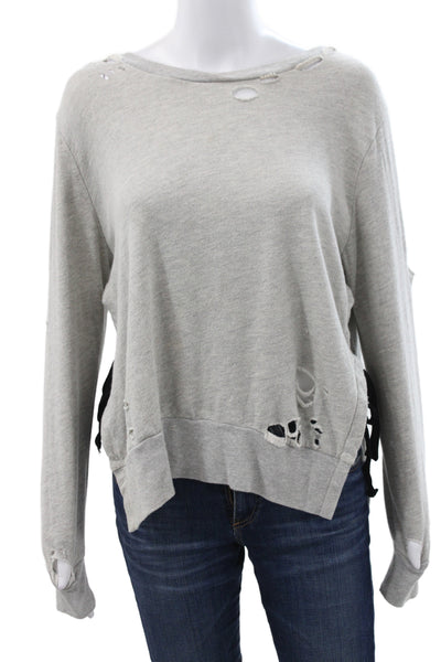 Pam & Gela Womens Jersey Distressed Gray Pullover Long Sleeve Tee Cotton Size S