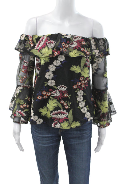 Amanda Uprichard Women Black Off the Shoulder Floral Tunic 3/4 Sleeve Size S