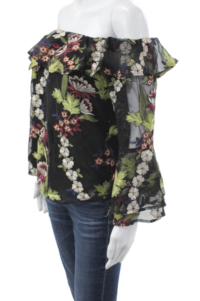 Amanda Uprichard Women Black Off the Shoulder Floral Tunic 3/4 Sleeve Size S