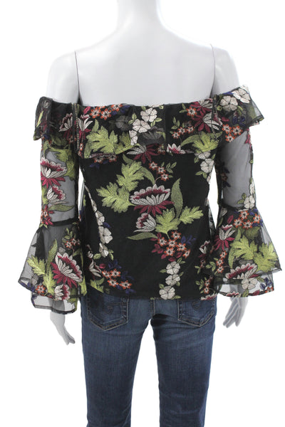 Amanda Uprichard Women Black Off the Shoulder Floral Tunic 3/4 Sleeve Size S
