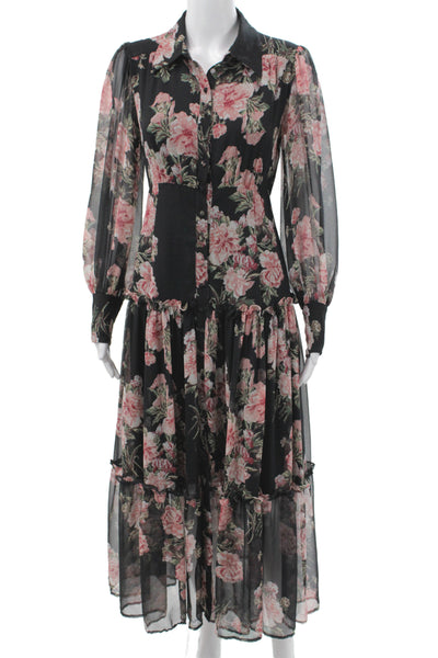 Bardot Womens Maxi Floral Collared Button Dress Black Long Sleeve Size 4