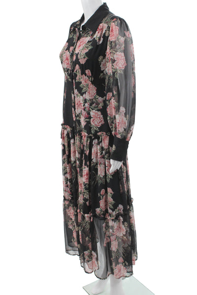 Bardot Womens Maxi Floral Collared Button Dress Black Long Sleeve Size 4